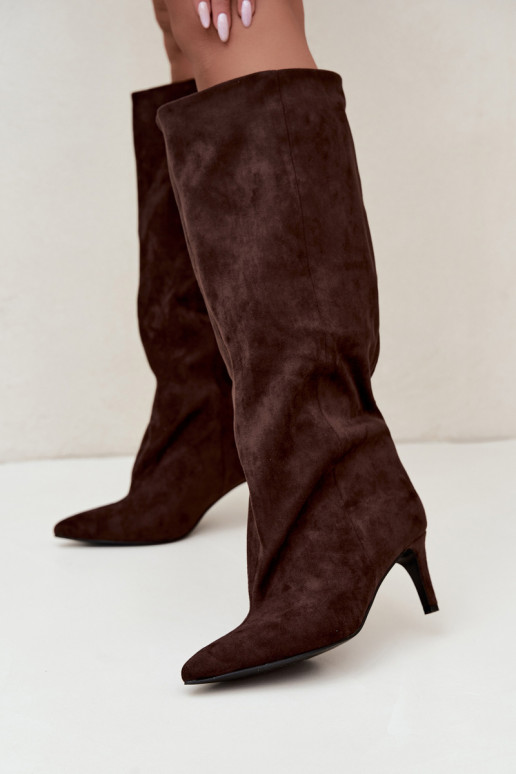 slip-on women's knee-high boots with heels in chocolate Favra