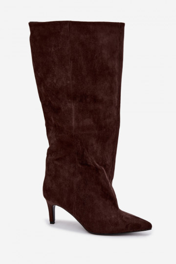 slip-on women's knee-high boots with heels in chocolate Favra 2