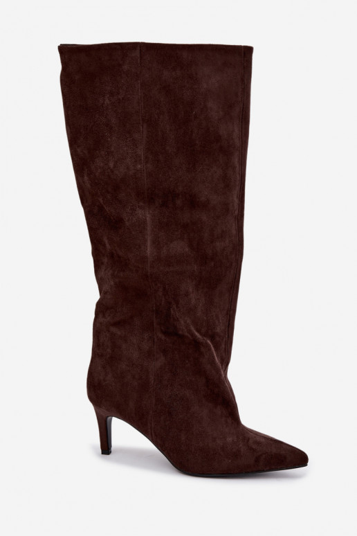 slip-on women's knee-high boots with heels in chocolate Favra