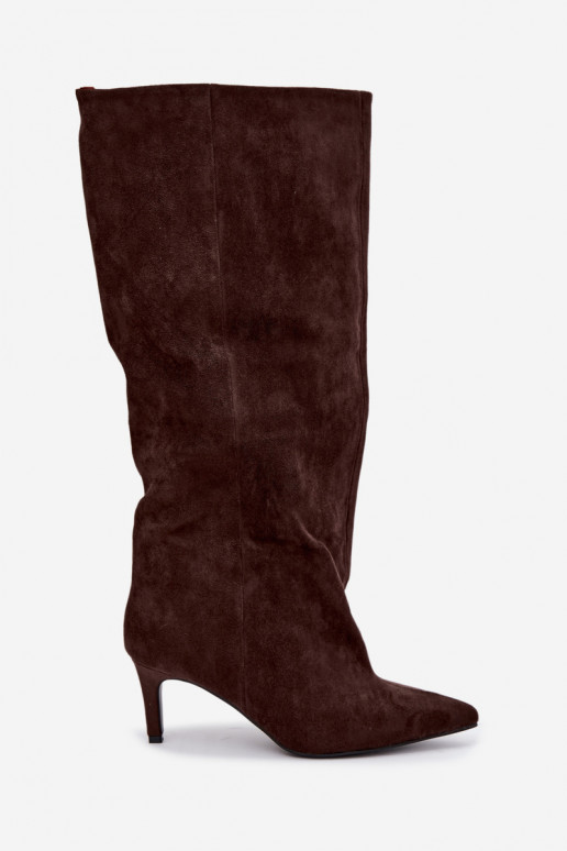 slip-on women's knee-high boots with heels in chocolate Favra