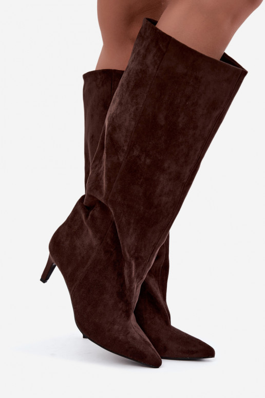 slip-on women's knee-high boots with heels in chocolate Favra