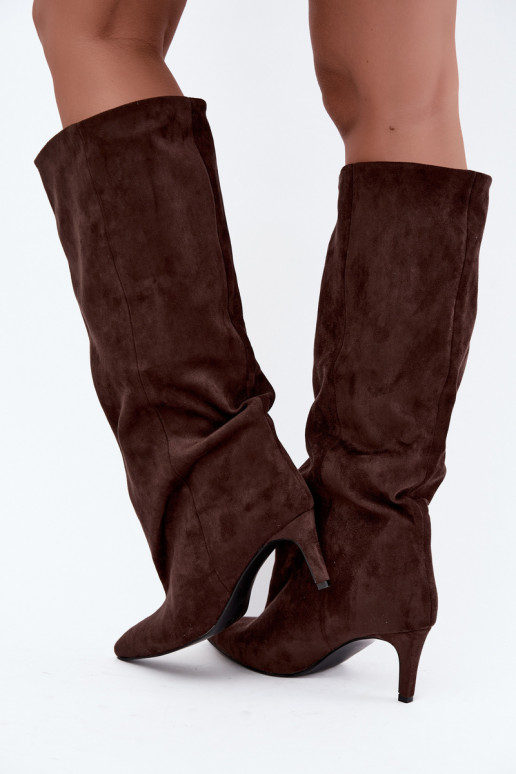 slip-on women's knee-high boots with heels in chocolate Favra