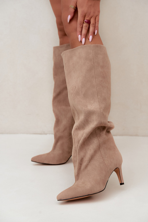 slip-on women's knee-high boots with heels in sand Favra