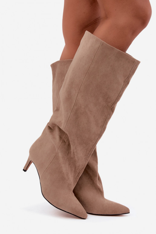 slip-on women's knee-high boots with heels in sand Favra