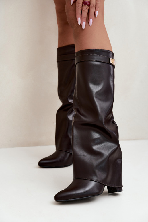 women's knee-high boots in chocolate faux leather with heels Avamora