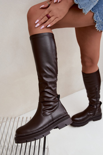 women's knee-high boots with platform in faux leather CzekoladoĮe