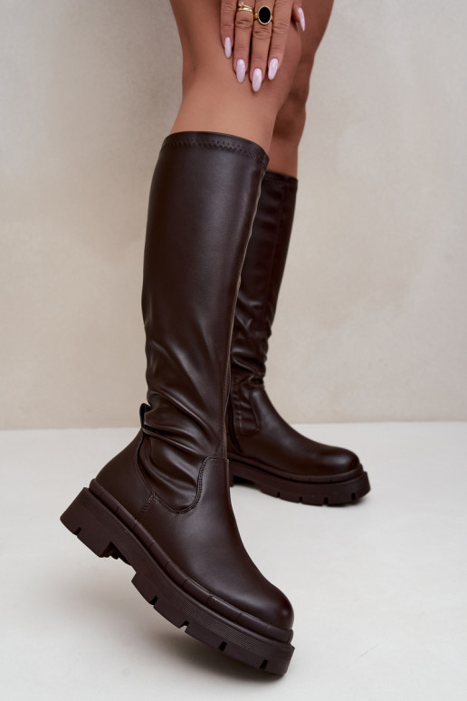 women's knee-high boots with platform in faux leather CzekoladoĮe