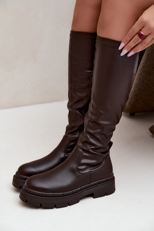 women's knee-high boots with platform in faux leather CzekoladoĮe