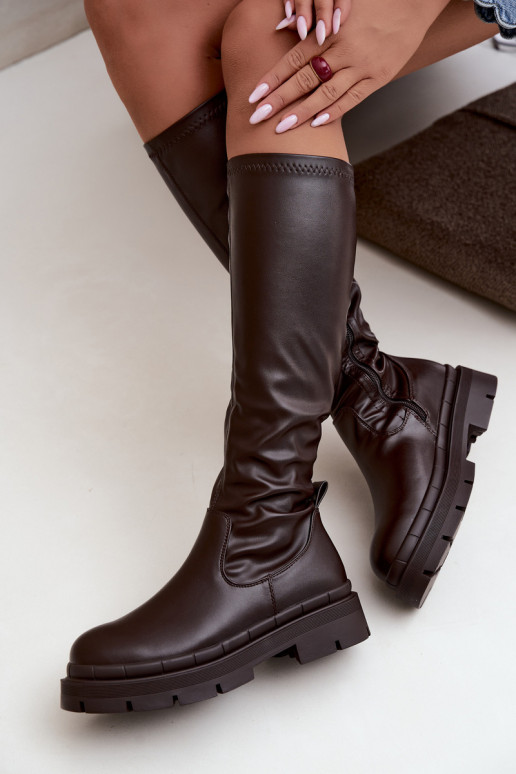 women's knee-high boots with platform in faux leather CzekoladoĮe