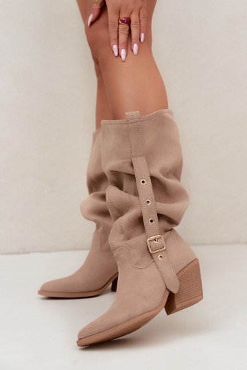 wrinkled women's knee-high boots in cowboy style with straps and heels in sand Adria 2