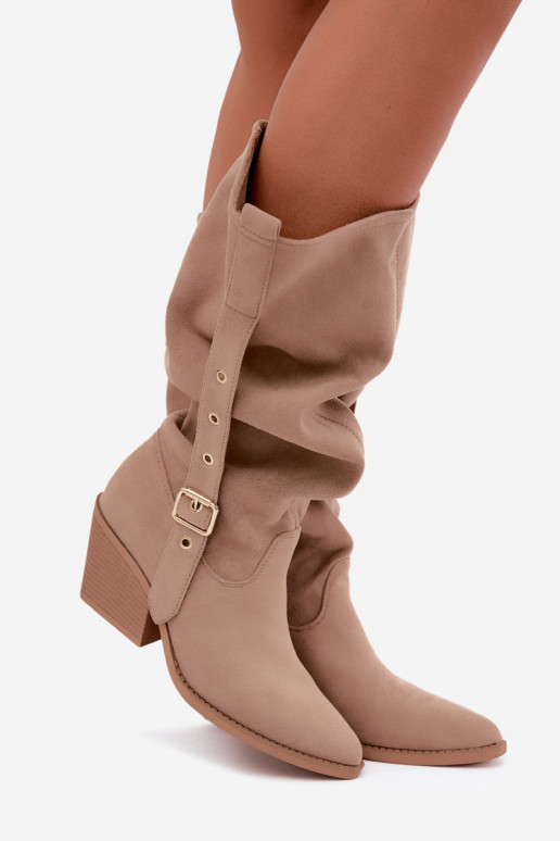 wrinkled women's knee-high boots in cowboy style with straps and heels in sand Adria
