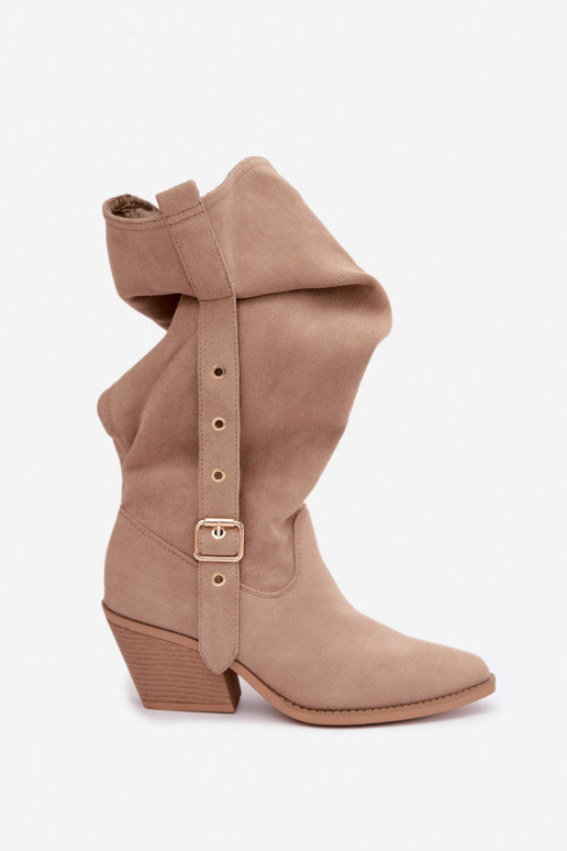 wrinkled women's knee-high boots in cowboy style with straps and heels in sand Adria