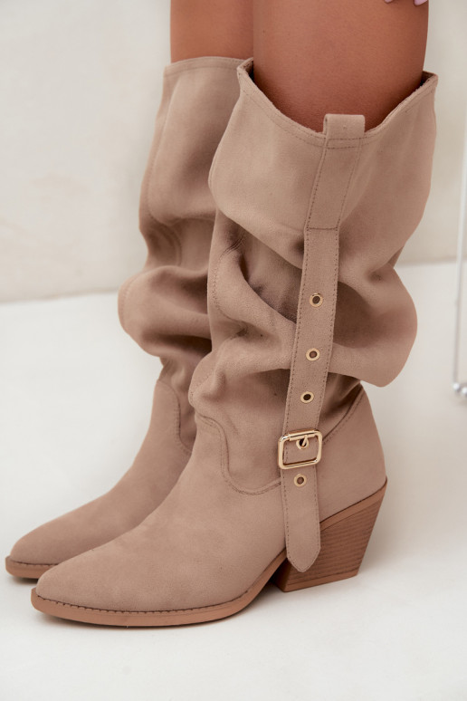 wrinkled women's knee-high boots in cowboy style with straps and heels in sand Adria