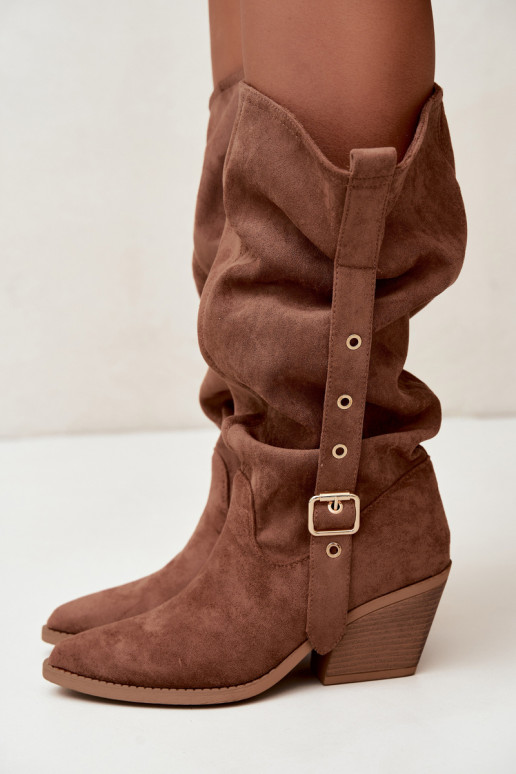 wrinkled women's knee-high boots in cowboy style with straps and heels in brown Adria
