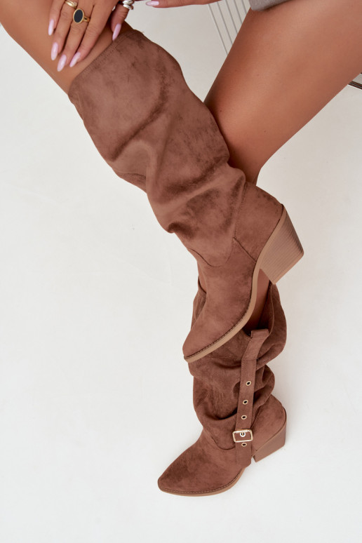 wrinkled women's knee-high boots in cowboy style with straps and heels in brown Adria