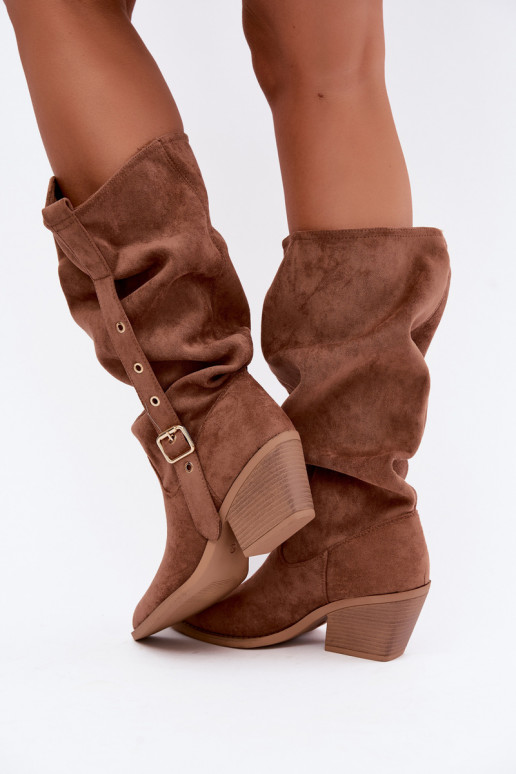 wrinkled women's knee-high boots in cowboy style with straps and heels in brown Adria