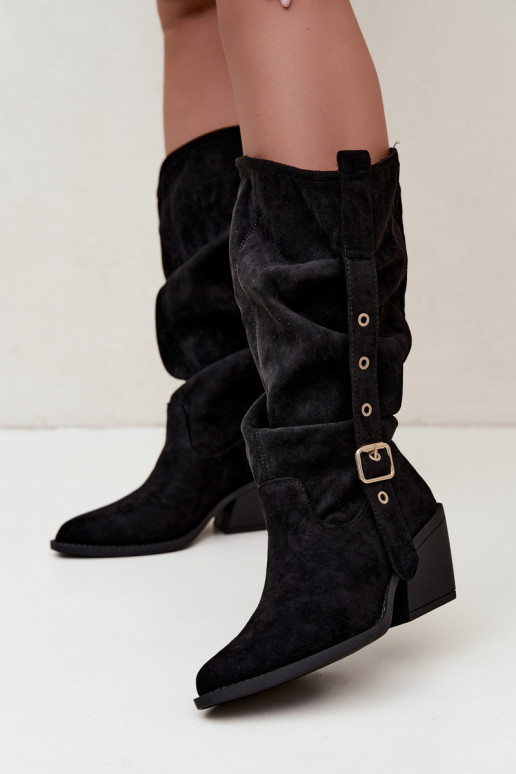 wrinkled women's knee-high boots in cowboy style with straps and heels in black Adria