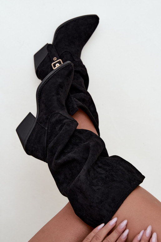 wrinkled women's knee-high boots in cowboy style with straps and heels in black Adria