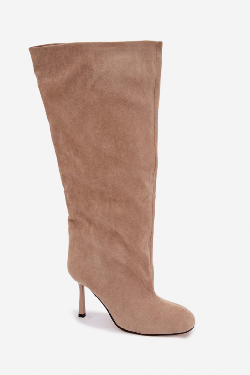 women's slip-on knee-high boots with thin heels in sand Caliya