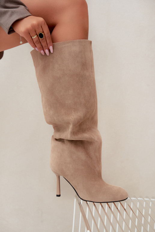 women's slip-on knee-high boots with thin heels in sand Caliya