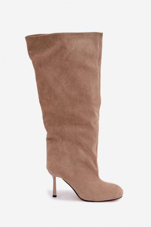women's slip-on knee-high boots with thin heels in sand Caliya