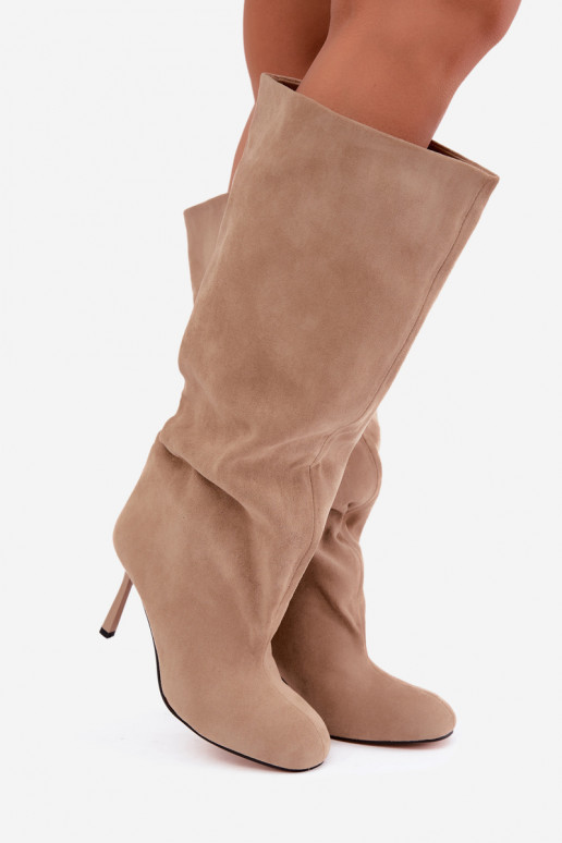 women's slip-on knee-high boots with thin heels in sand Caliya