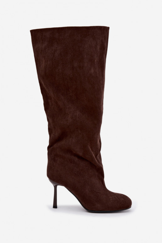 women's slip-on knee-high boots with thin heels in CzekoladoĮe Caliya