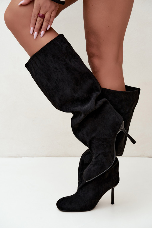women's slip-on knee-high boots with thin heels in black Caliya