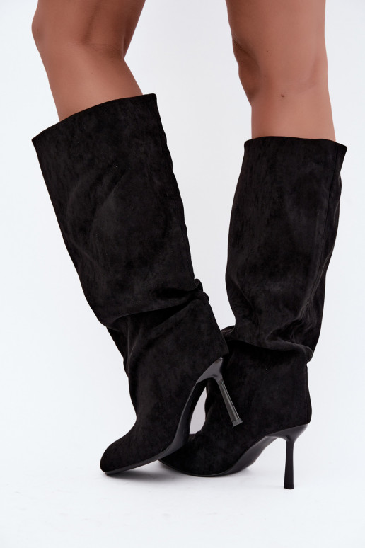 women's slip-on knee-high boots with thin heels in black Caliya