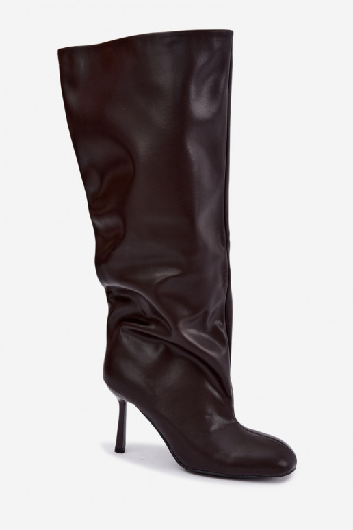 Slip-on women's knee-high boots with slim heels in chocolate Caliya