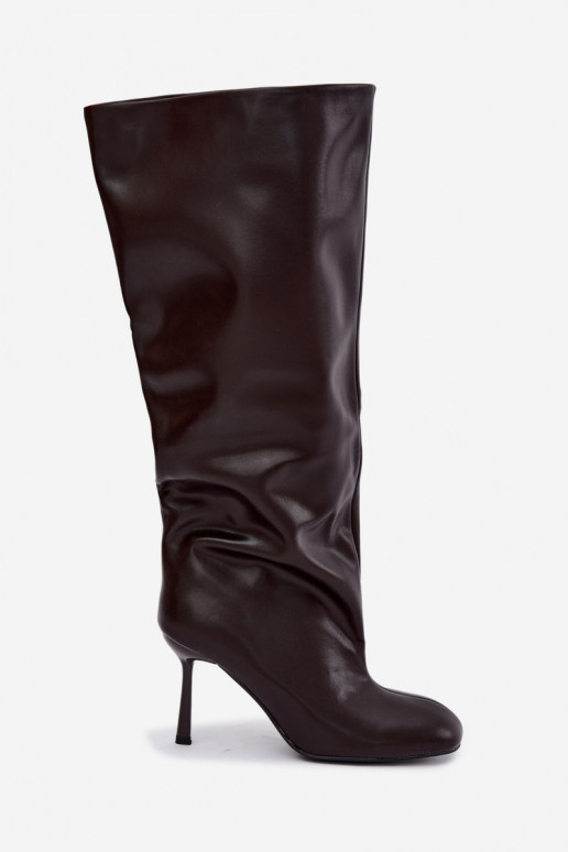 Slip-on women's knee-high boots with slim heels in chocolate Caliya
