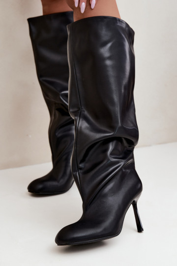 Slip-on women's knee-high boots with slim heels in black Caliya