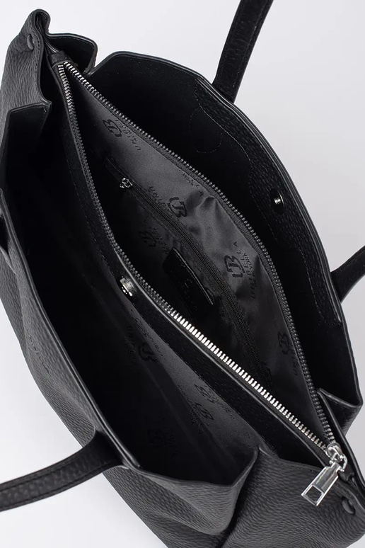 Black faux leather handbag