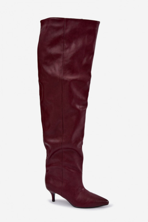 slip-on women's knee-high boots with thin heels in burgundy Ysolienne