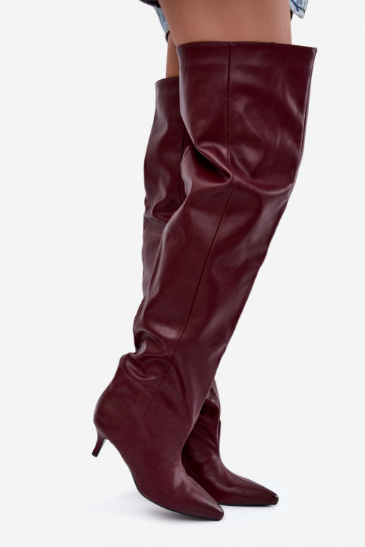 slip-on women's knee-high boots with thin heels in burgundy Ysolienne