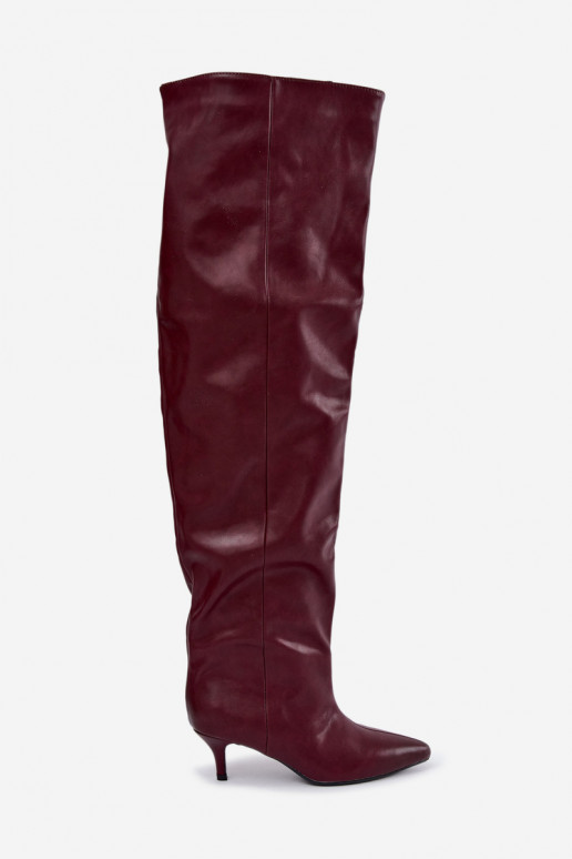 slip-on women's knee-high boots with thin heels in burgundy Ysolienne