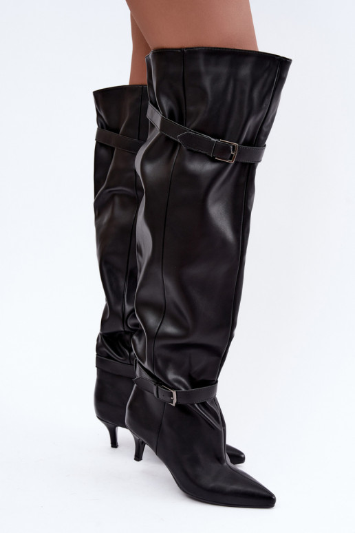 slip-on knee-high boots with heels and buckle in black Jassy