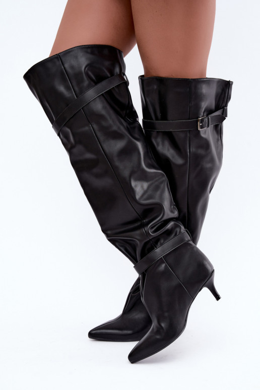 slip-on knee-high boots with heels and buckle in black Jassy