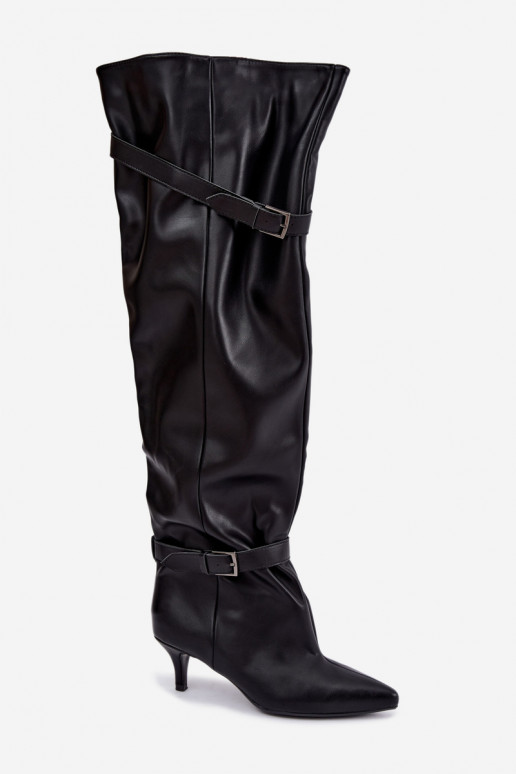 slip-on knee-high boots with heels and buckle in black Jassy