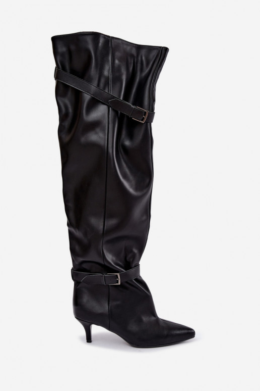 slip-on knee-high boots with heels and buckle in black Jassy