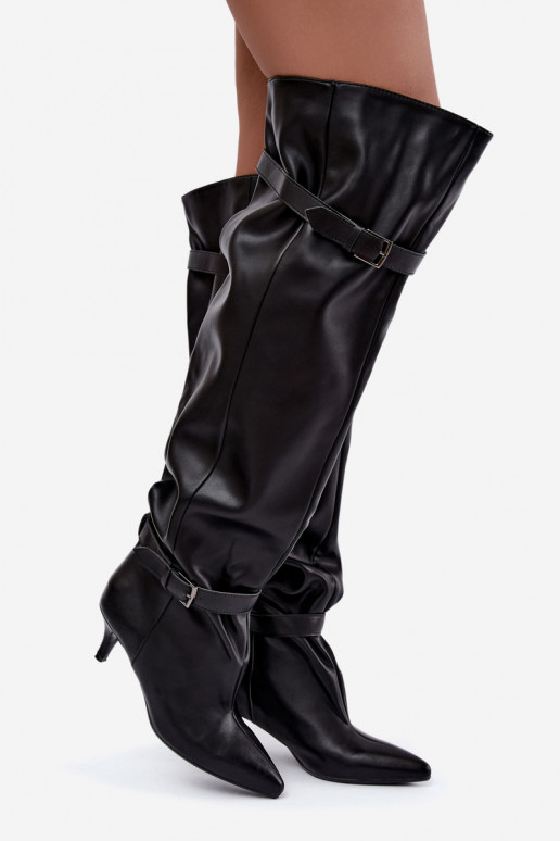 slip-on knee-high boots with heels and buckle in black Jassy