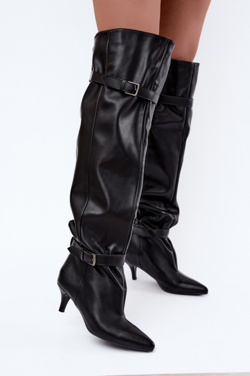 slip-on knee-high boots with heels and buckle in black Jassy