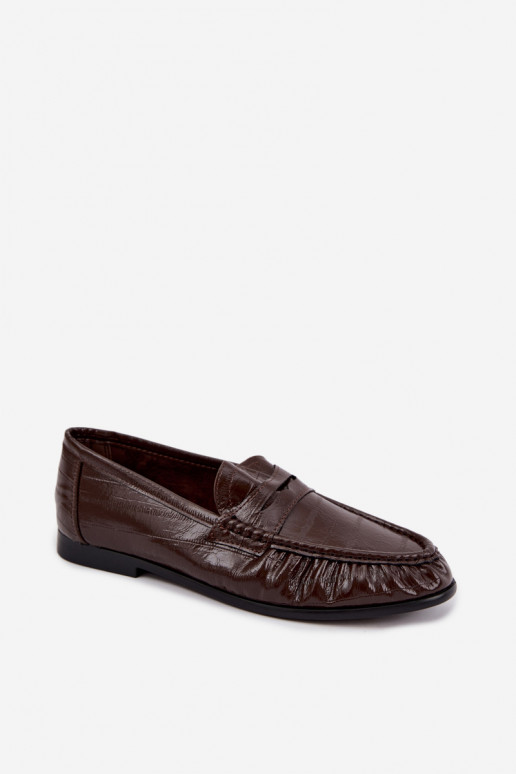 Patent women's moccasins with ruffles in brown color Dulcy