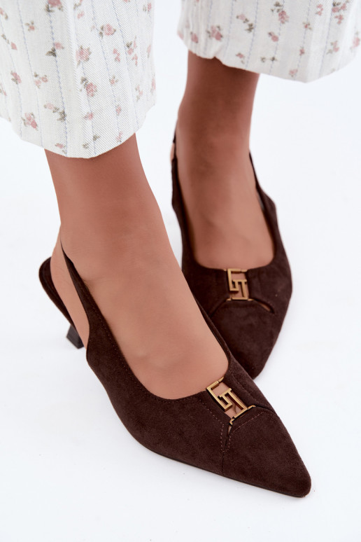 Heeled sandals with open heel and decorative details in chocolate color Gilly