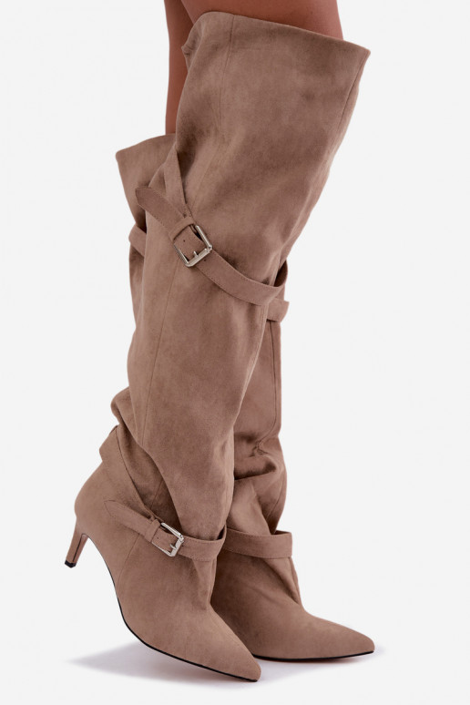 Over-the-knee heeled boots with straps and buckles in sand color Tai turibel