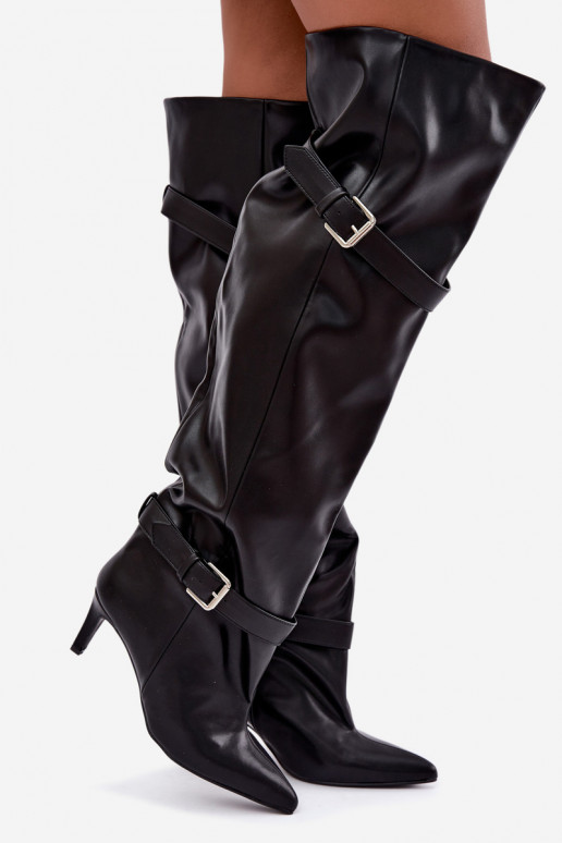 Over-the-knee heeled boots with straps and buckles in black color Tai turibel