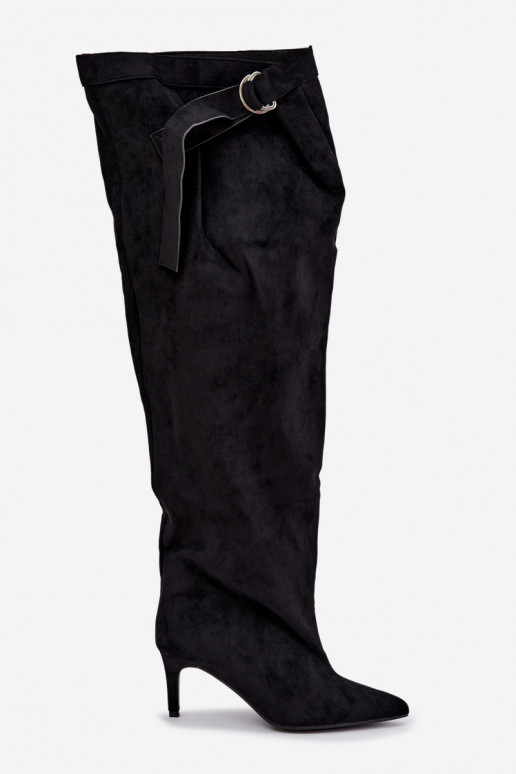 slip-on women's knee-high boots with heels in black color Rosena