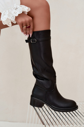 women's low-heeled knee-high boots with buckles in black color Orlisa 2