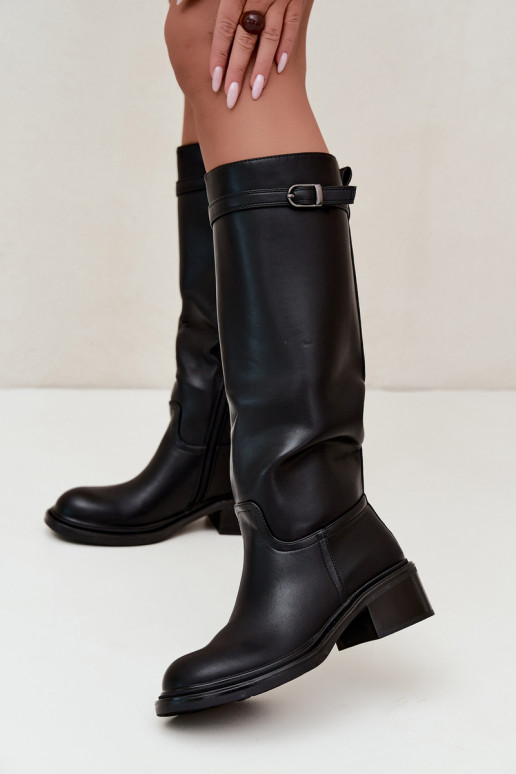 women's low-heeled knee-high boots with buckles in black color Orlisa