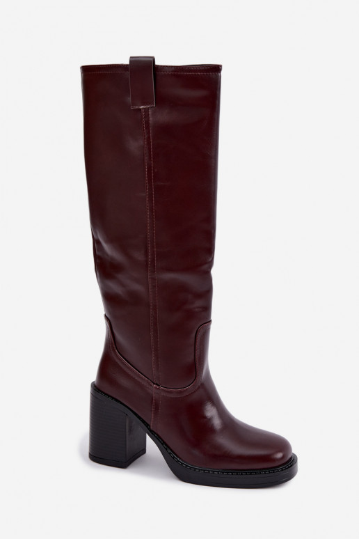 warm women's knee-high boots with heels in burgundy color Feresa